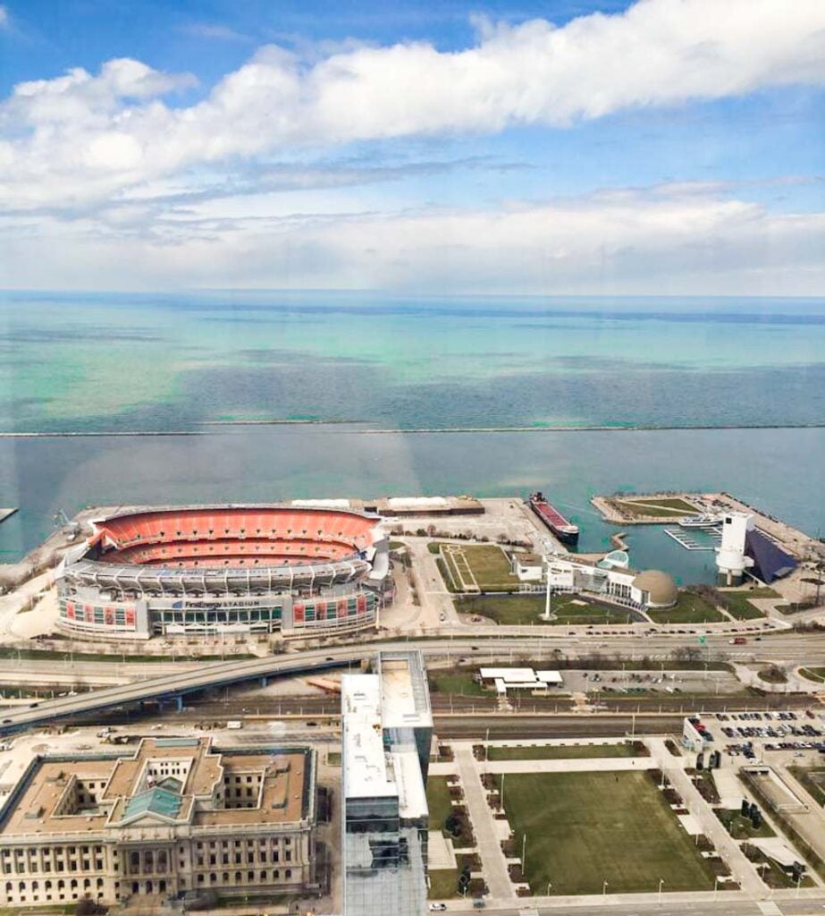 Ariel view of Clevelend and Lake Erie with clouds in the sky