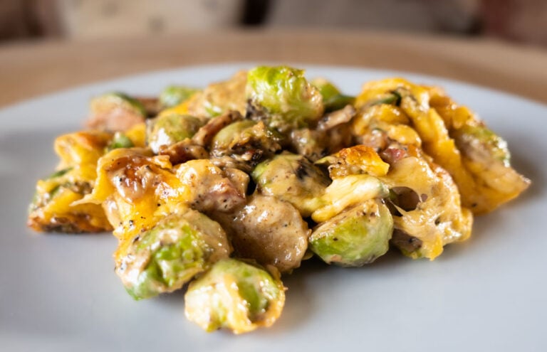 Cheesy and Creamy Brussels Sprouts with Bacon