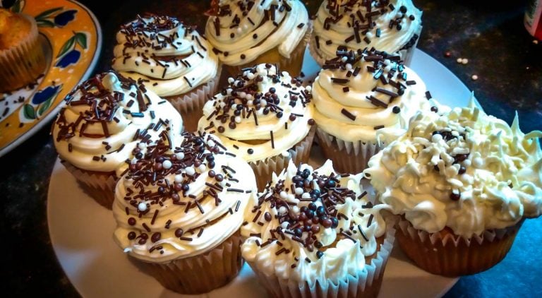 Salted Caramel Muffins with Chocolate Chips and Vanilla Icing