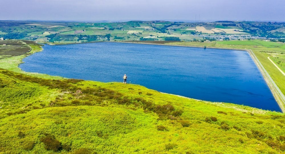 dji mavic photo of hiker and reservoir