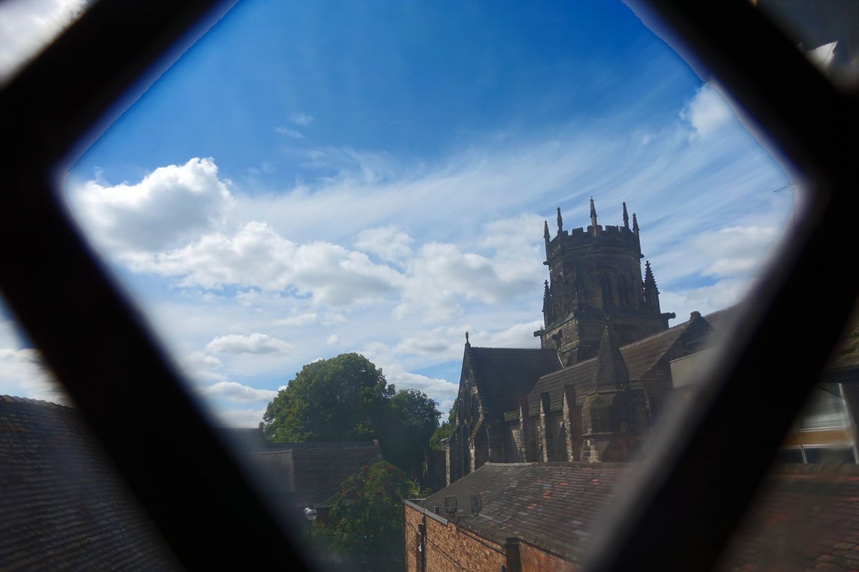 looking out of the window to St marys Church Stafford