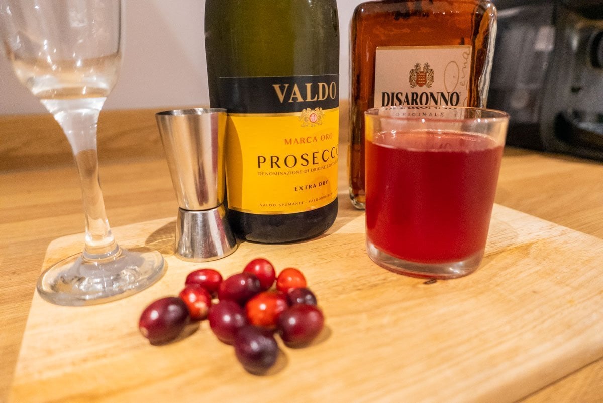 ingredients for amaretto and prosecco cocktail