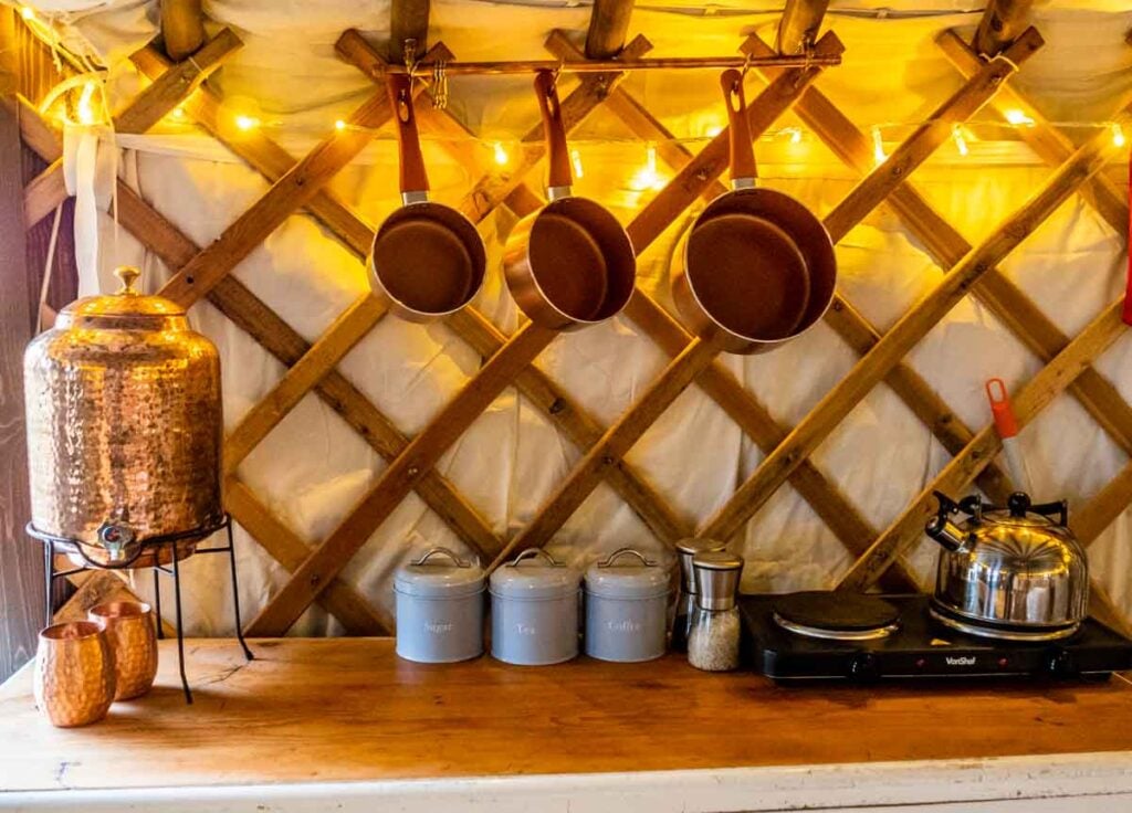 kitchen area in the yurt