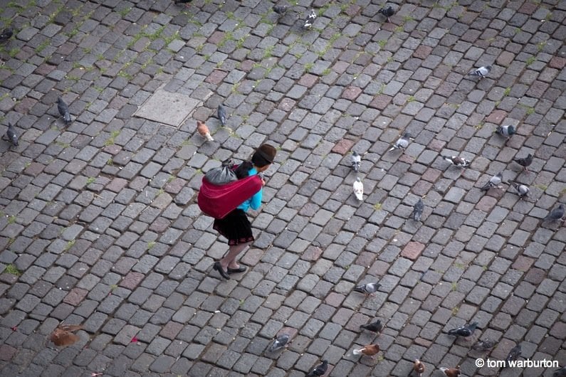 Lady walking through pigeons in a Quito city square