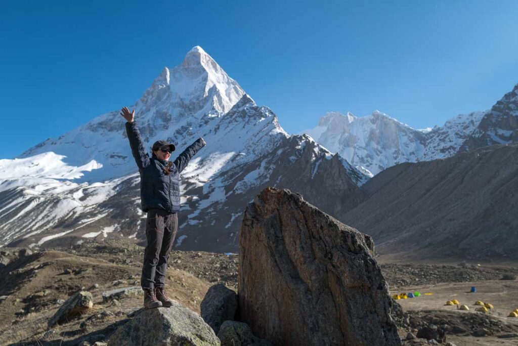 Ella with Mount Shivling behind