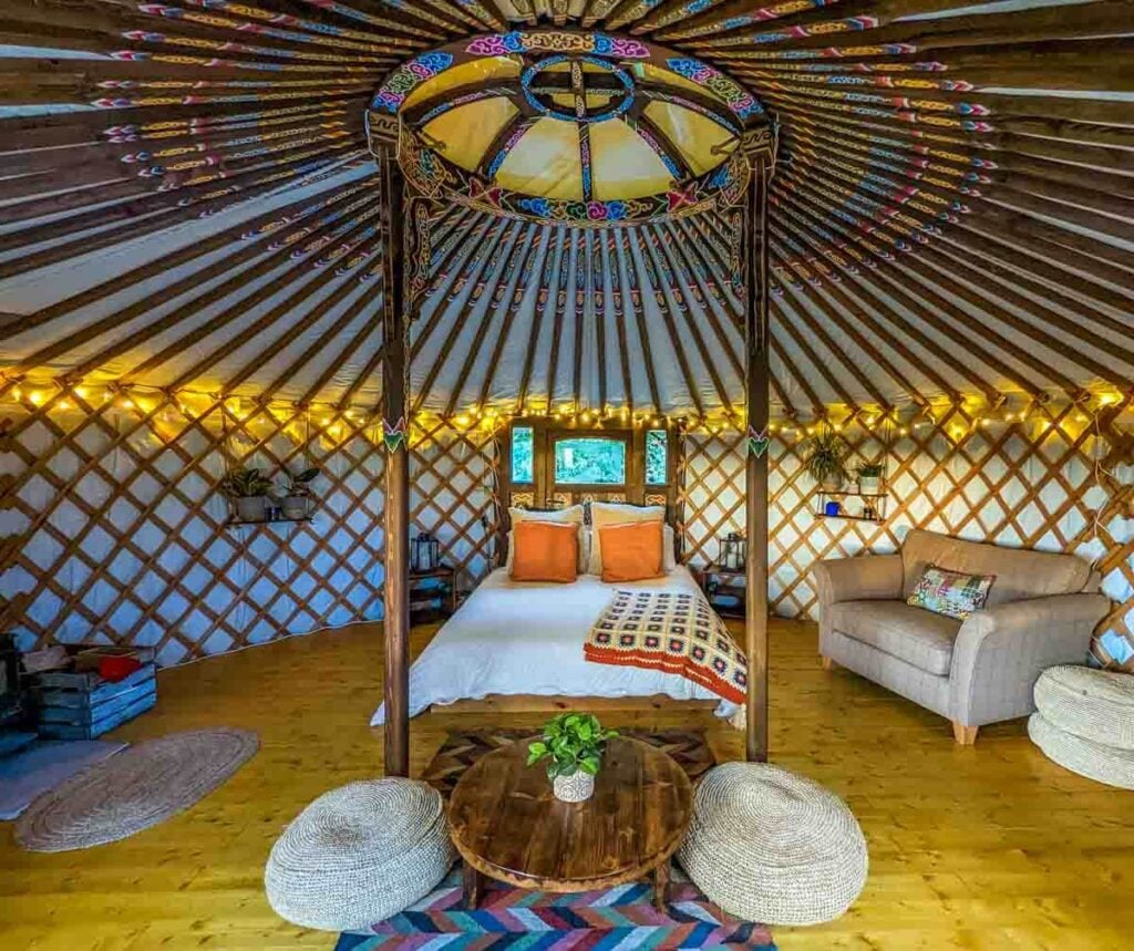 the bed in the yurt at castle creavie galloway